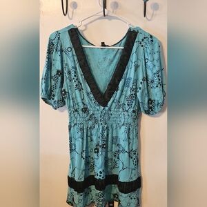 FANG Blue and Black Puff Sleeve Blouse with Graphic Embellishments